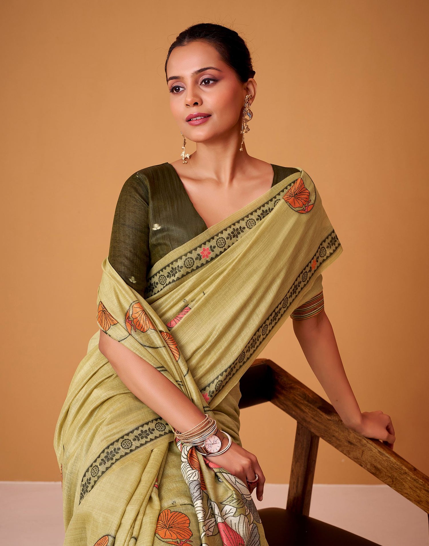 Light Yellow Silk Woven Printed Saree