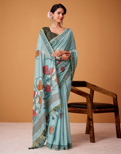 Light Blue Silk Woven Printed Saree