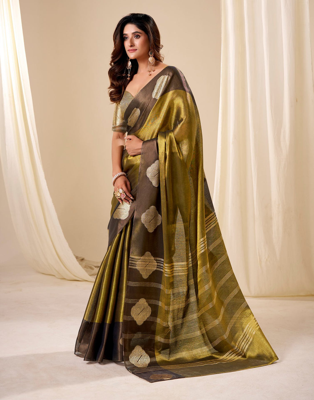 Dark Oilve Green Tissue Silk Woven Saree