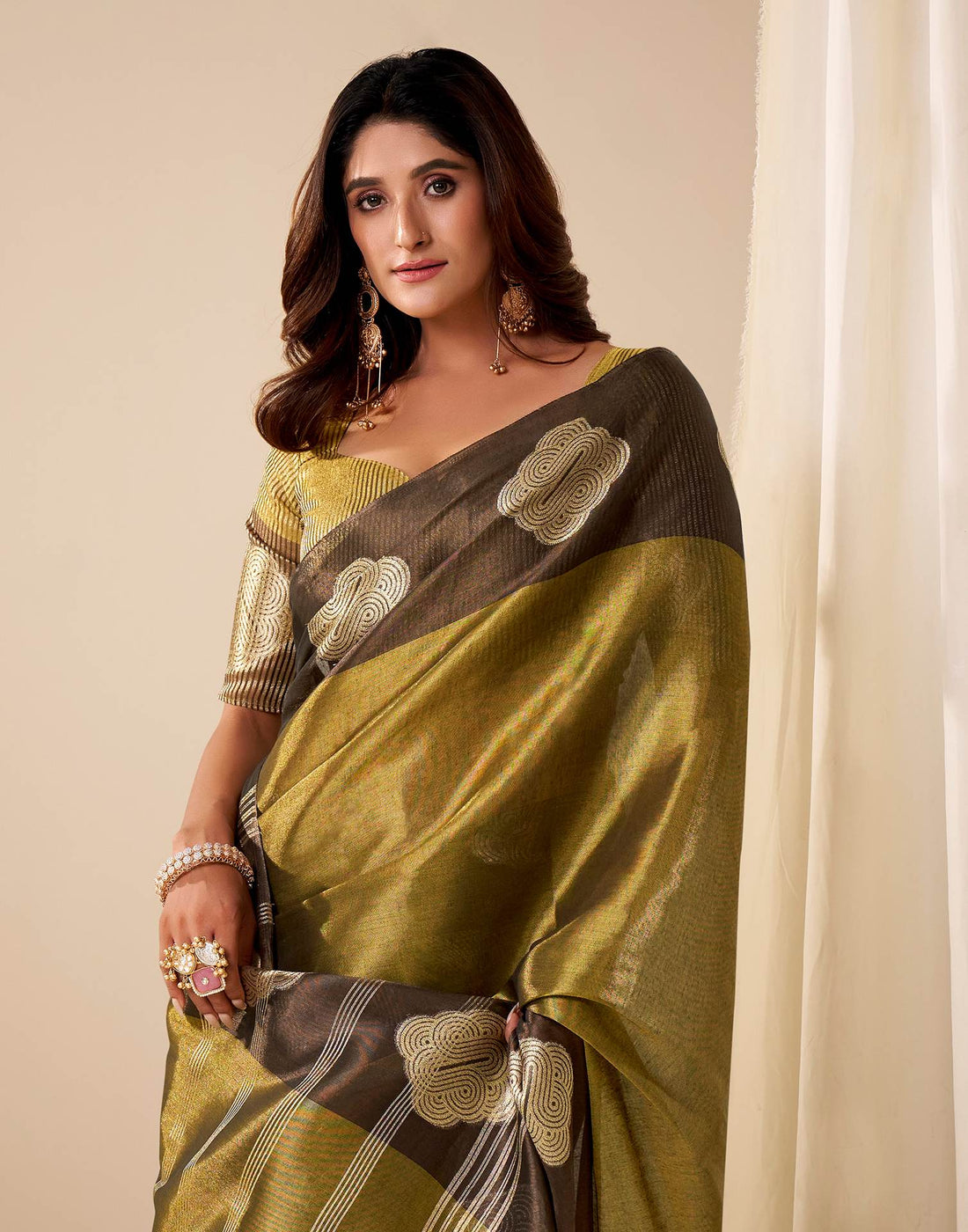 Dark Oilve Green Tissue Silk Woven Saree