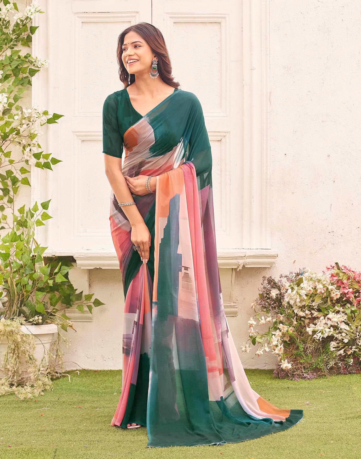 Green Georgette Printed Saree