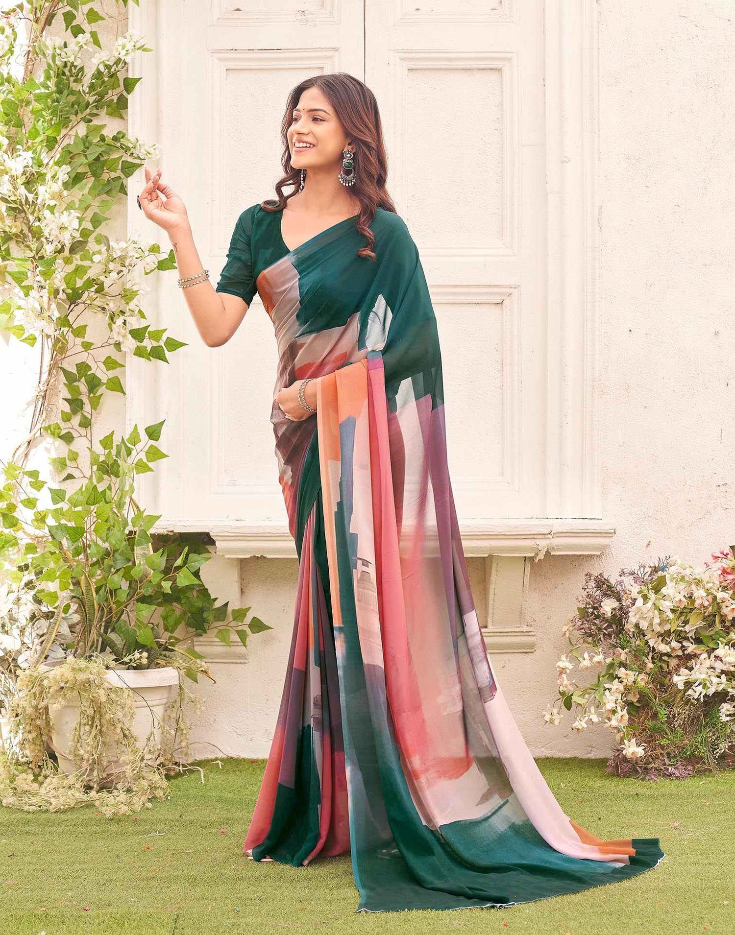 Green Georgette Printed Saree