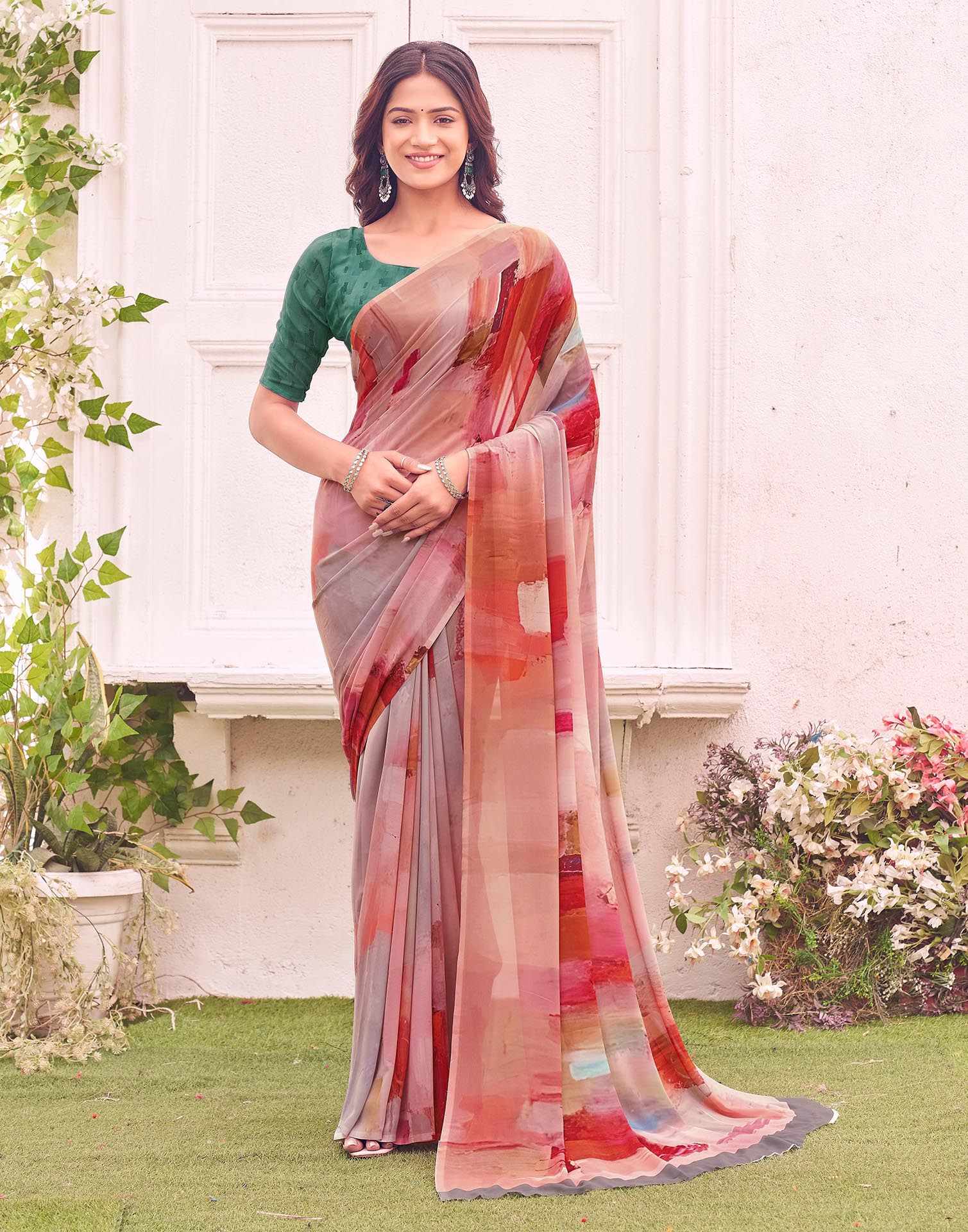 Orange Georgette Printed Saree