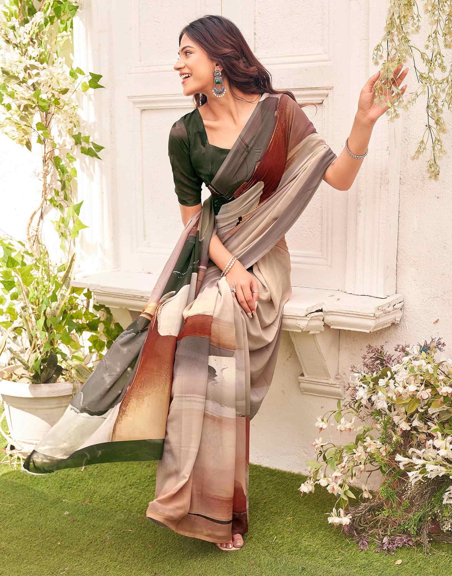 Peach Georgette Printed Saree