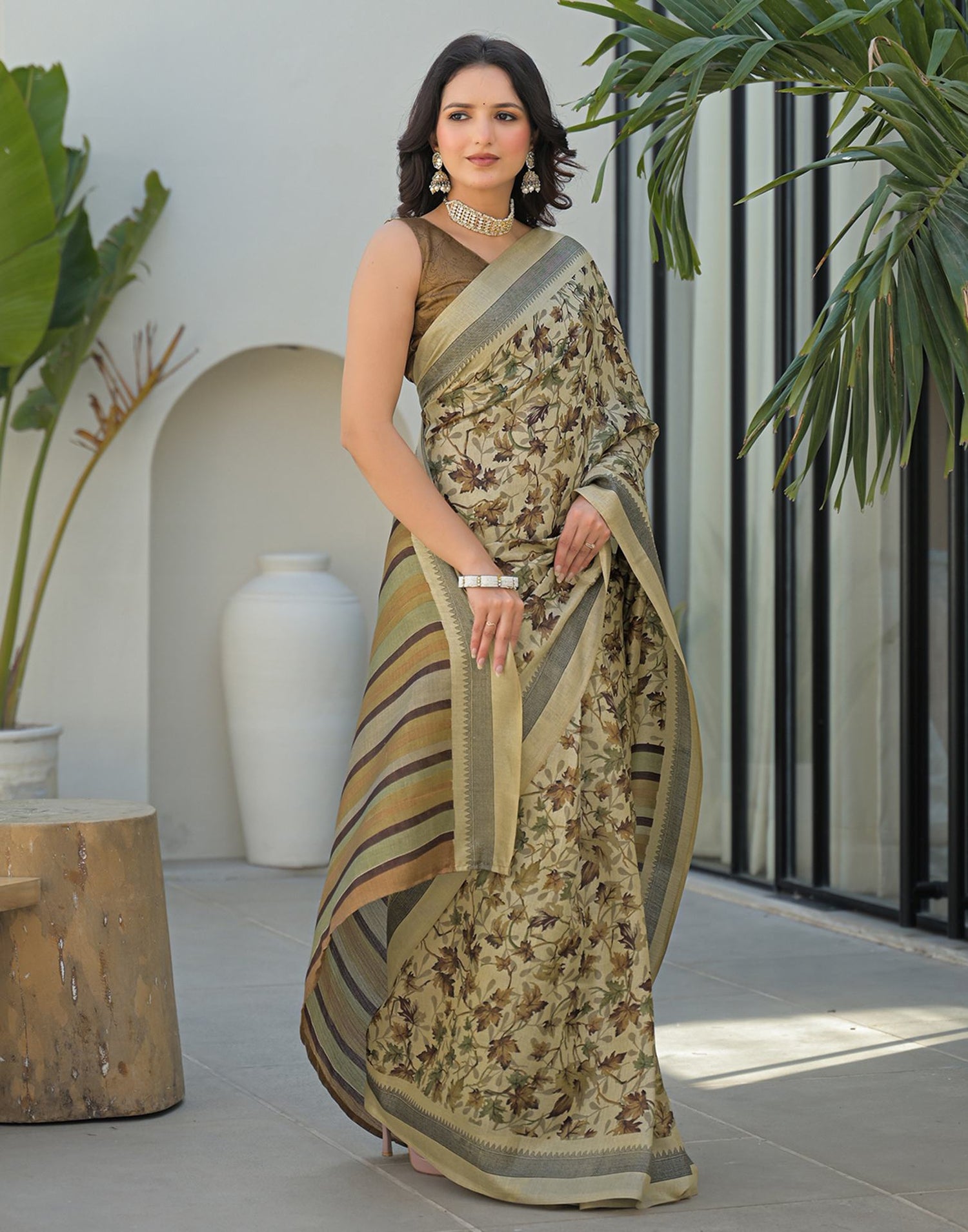 Beige Khadi Printed Saree