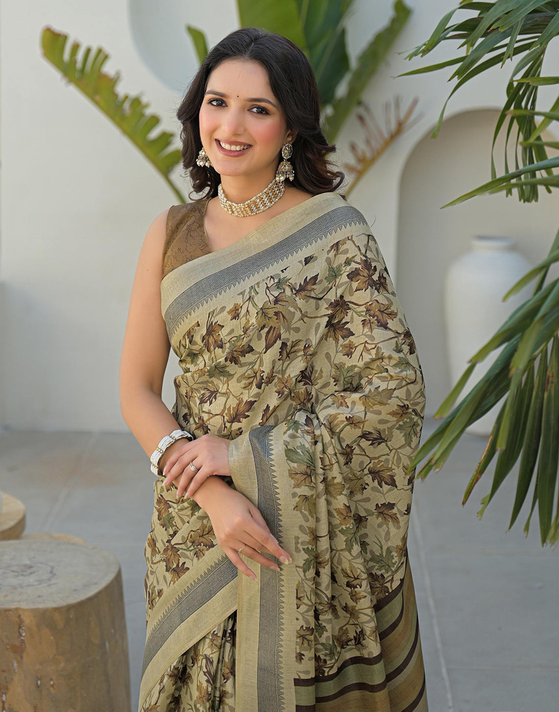 Beige Khadi Printed Saree