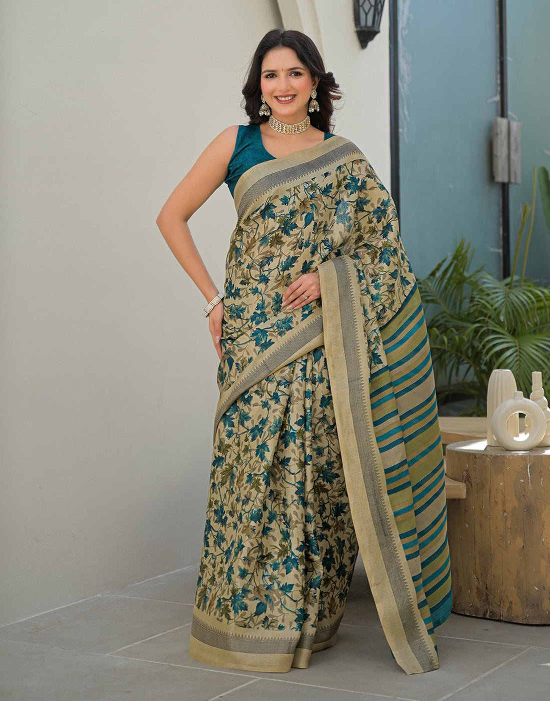 Beige Khadi Printed Saree