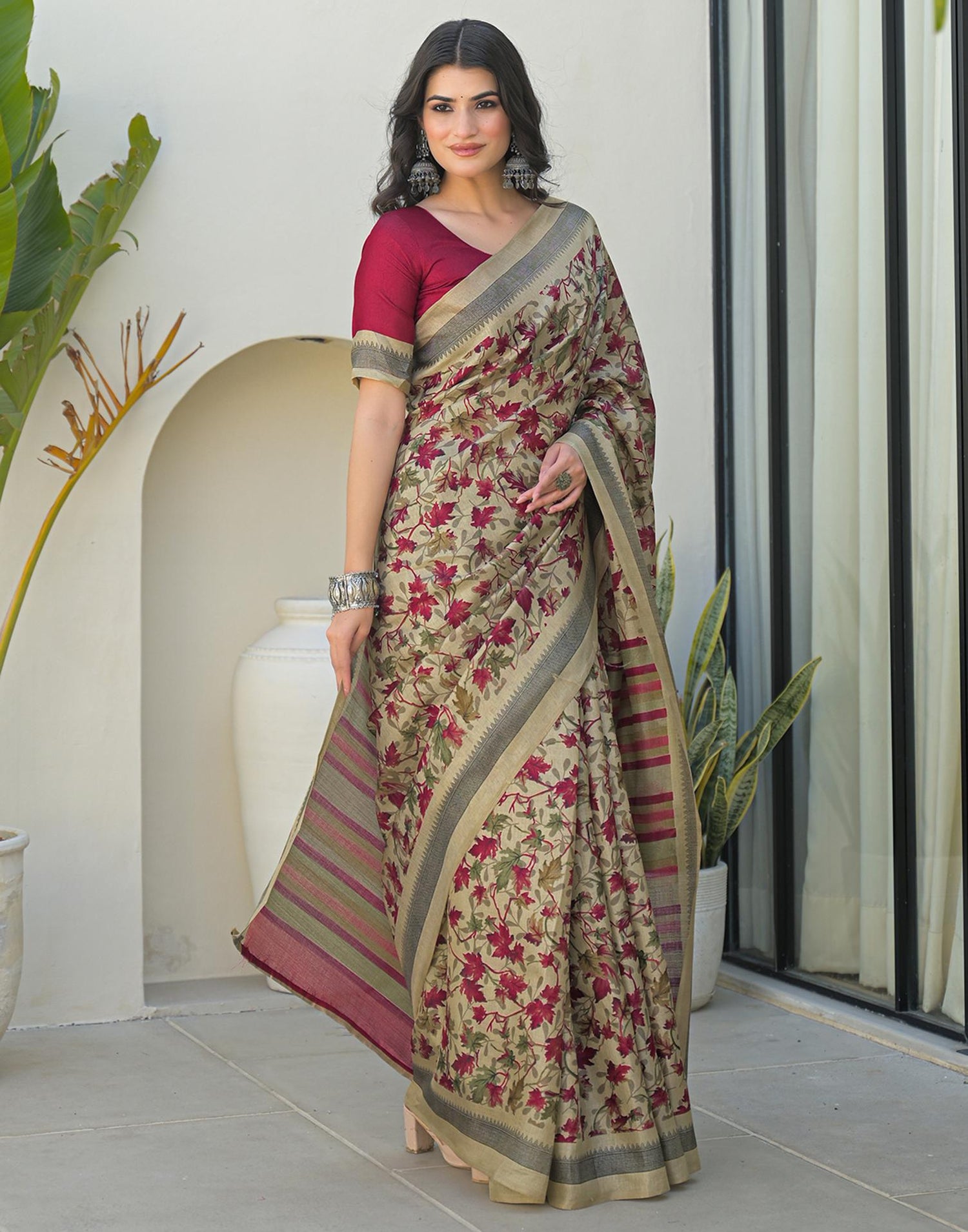 Beige Khadi Printed Saree