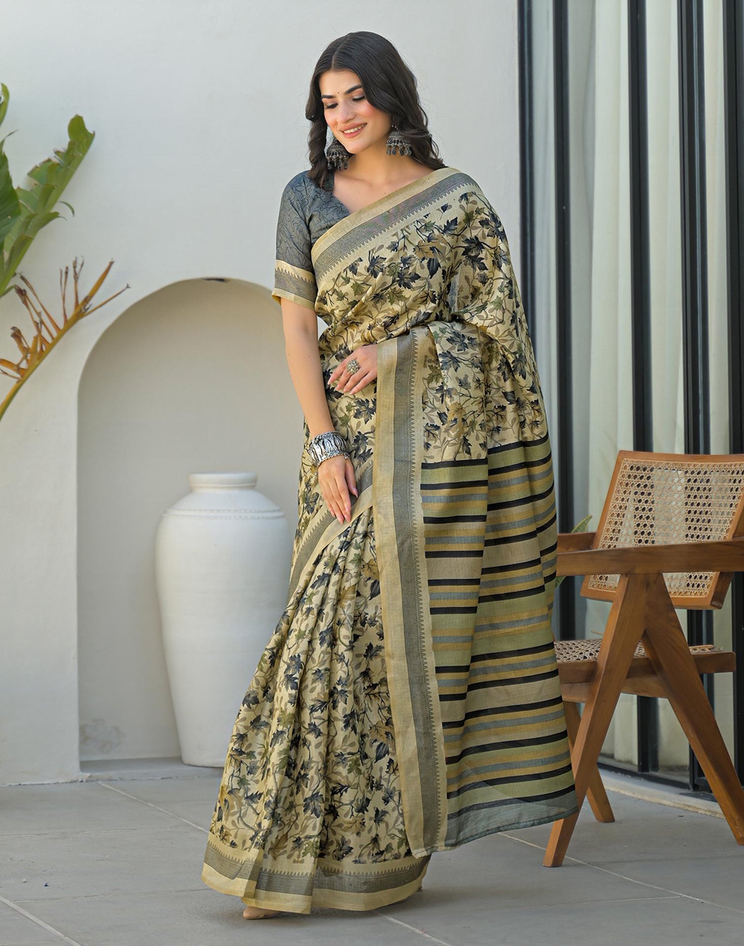 Beige Khadi Printed Saree