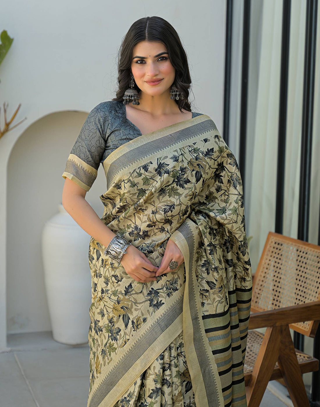 Beige Khadi Printed Saree