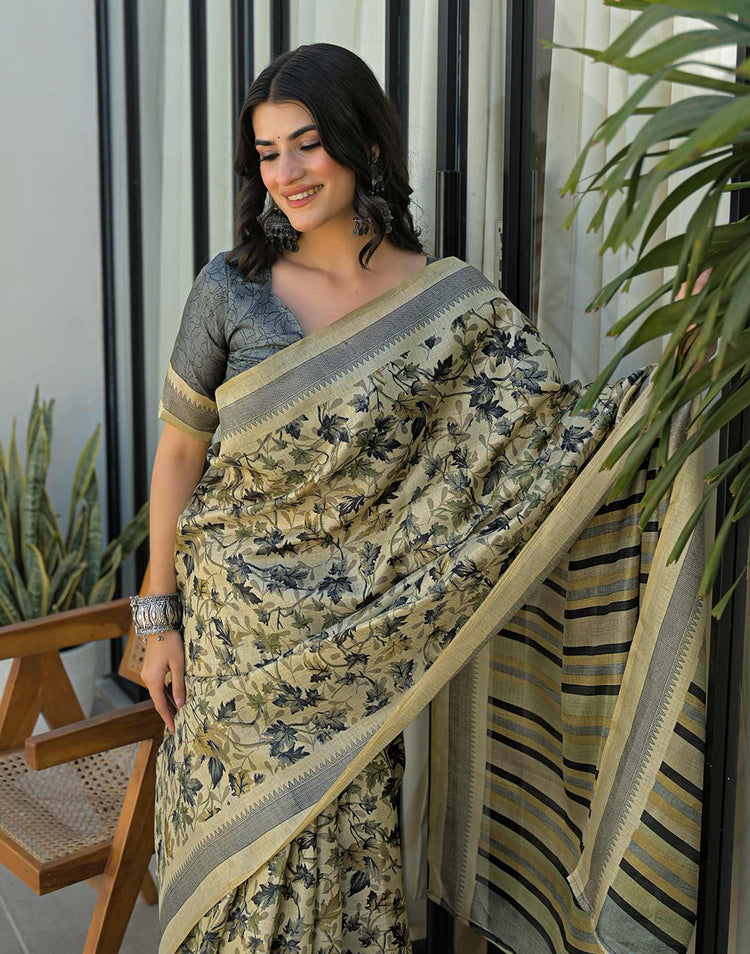 Beige Khadi Printed Saree