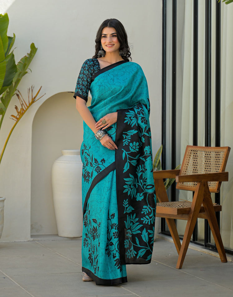 Teal Blue Khadi Printed Saree