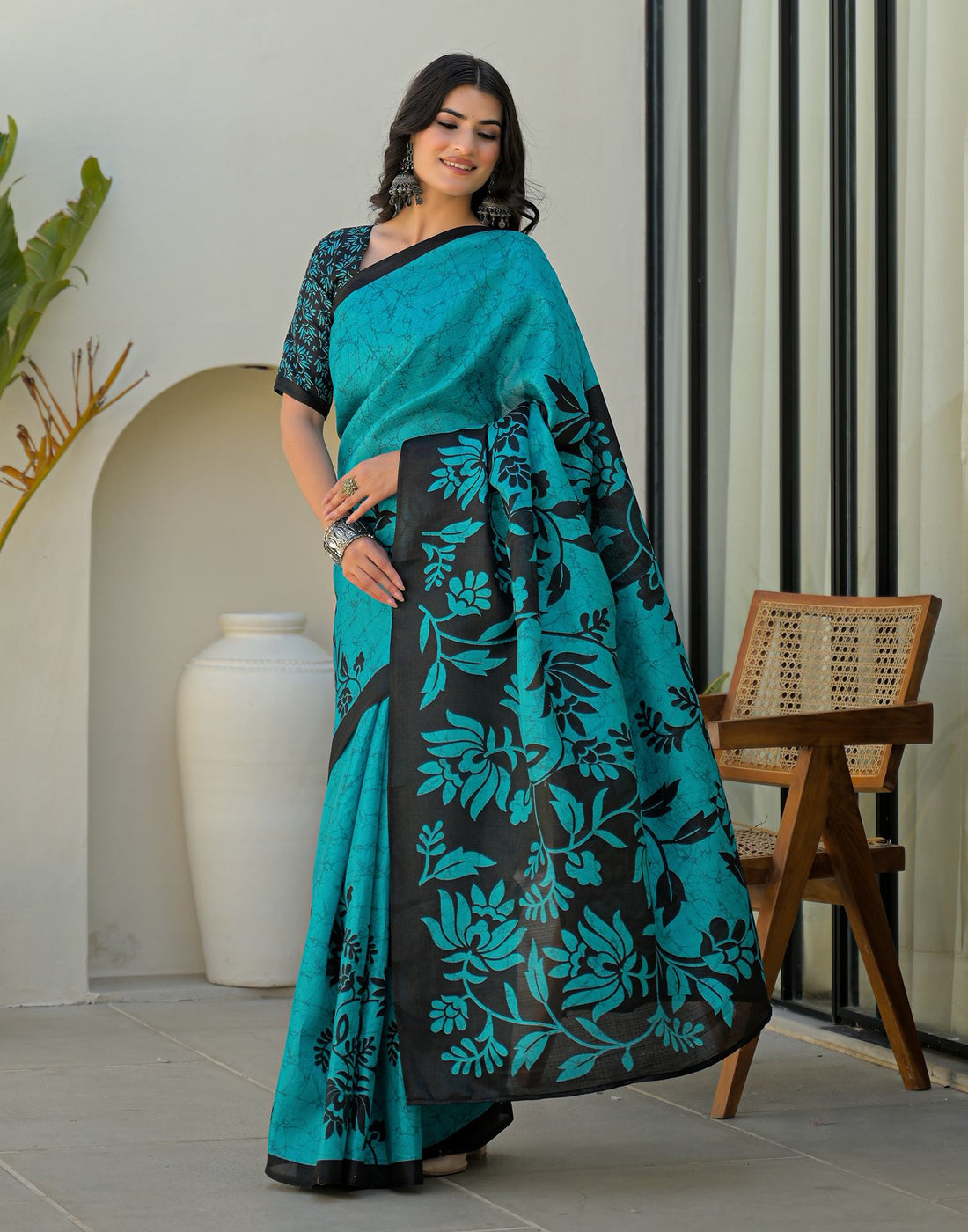 Teal Blue Khadi Printed Saree