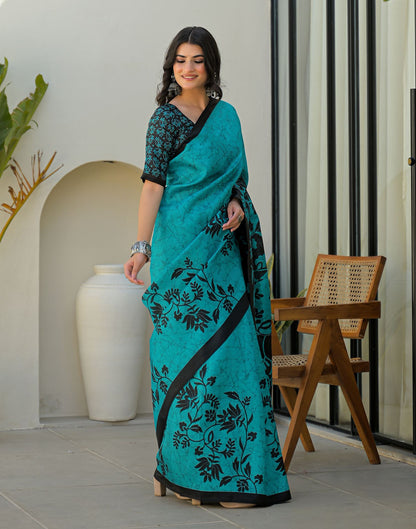 Teal Blue Khadi Printed Saree