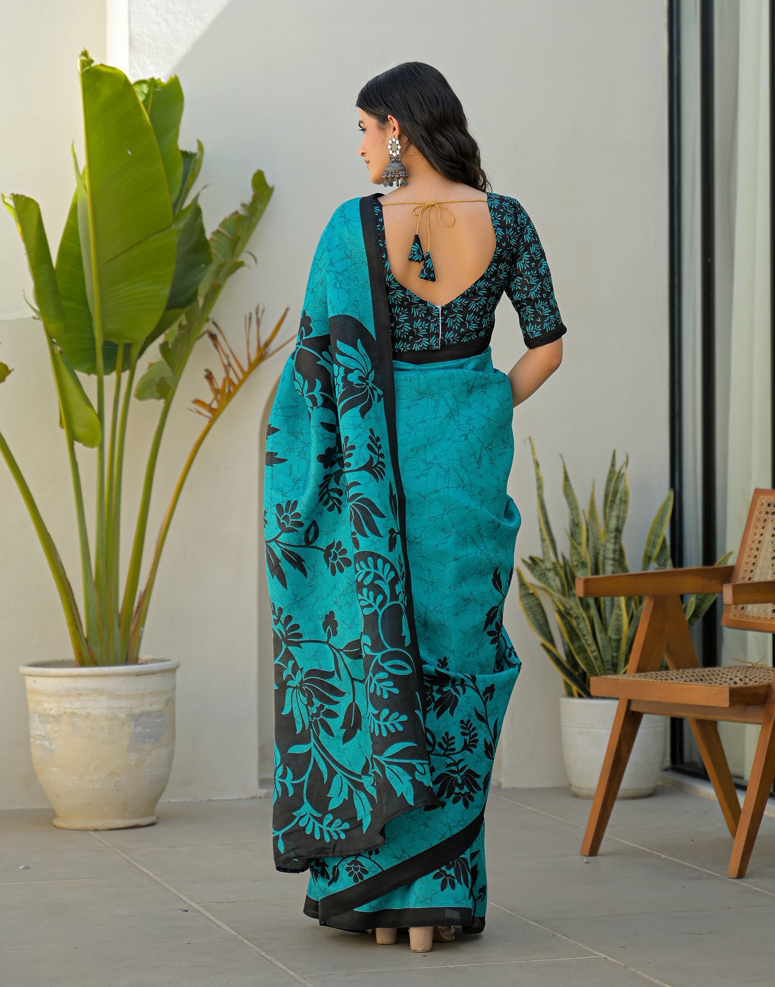 Teal Blue Khadi Printed Saree