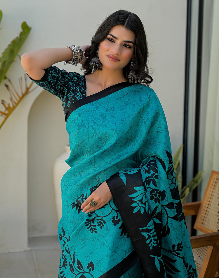 Teal Blue Khadi Printed Saree