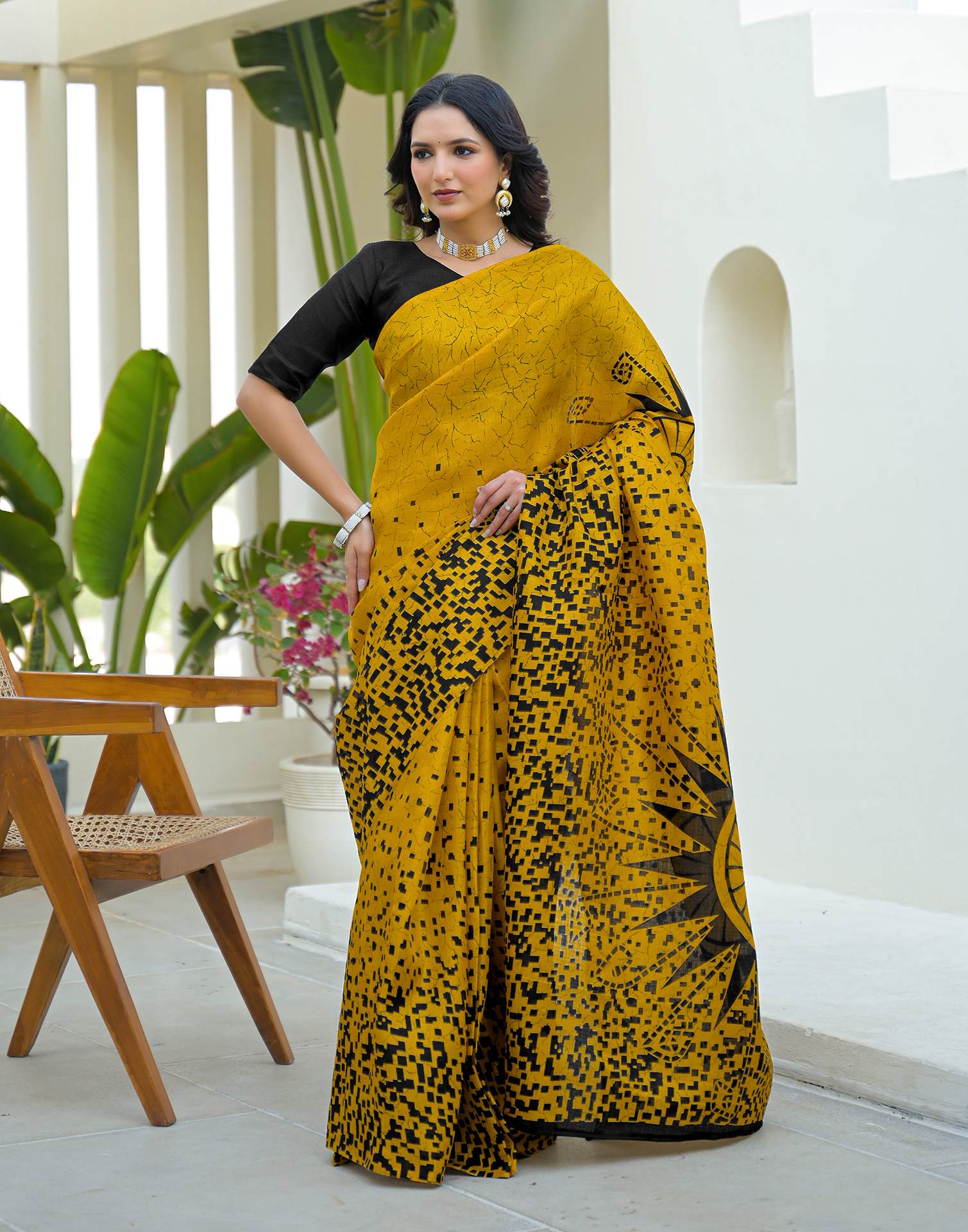 Yellow Khadi Printed Saree