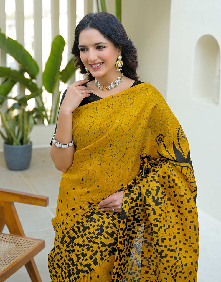 Yellow Khadi Printed Saree