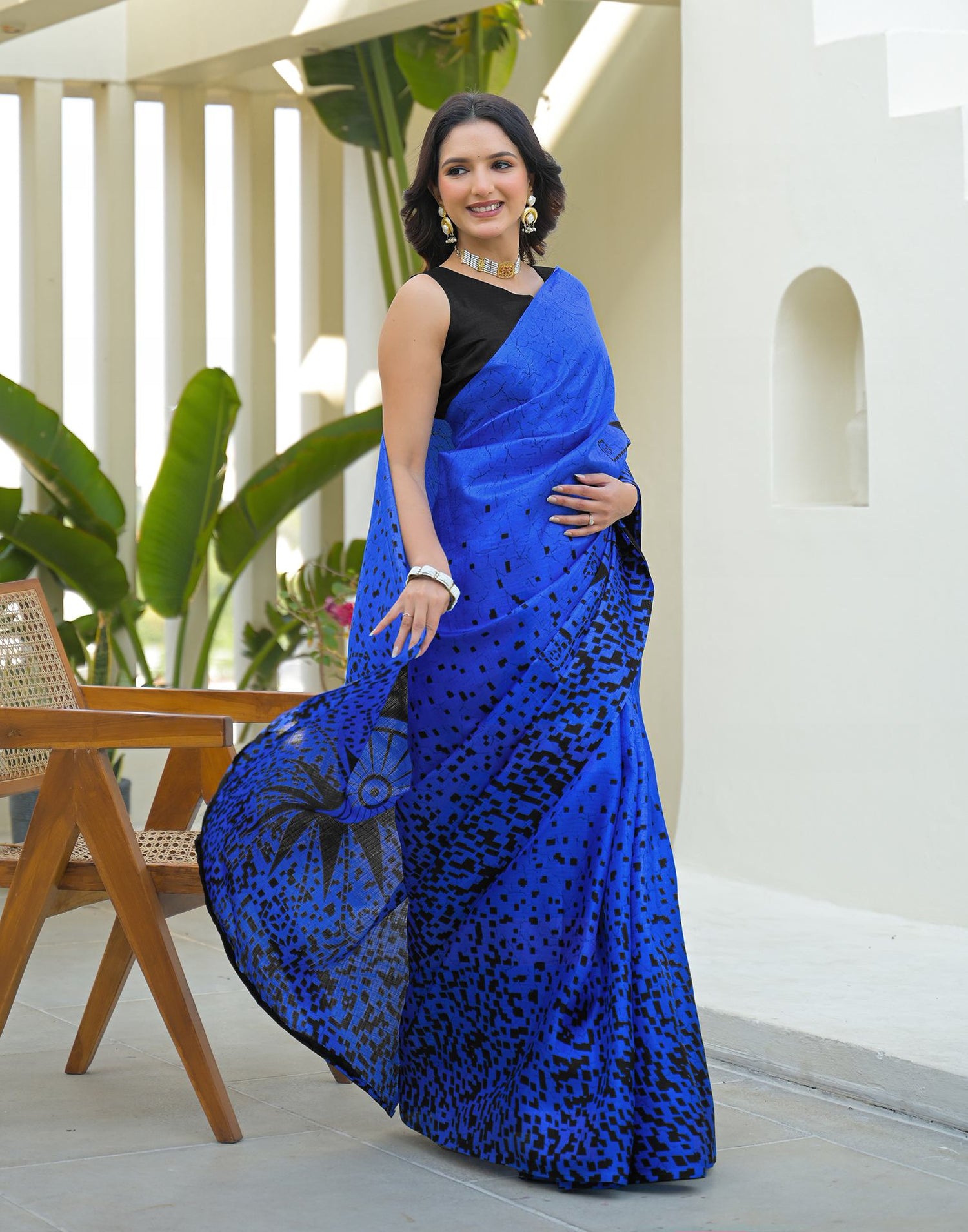 Dark Blue Khadi Printed Saree