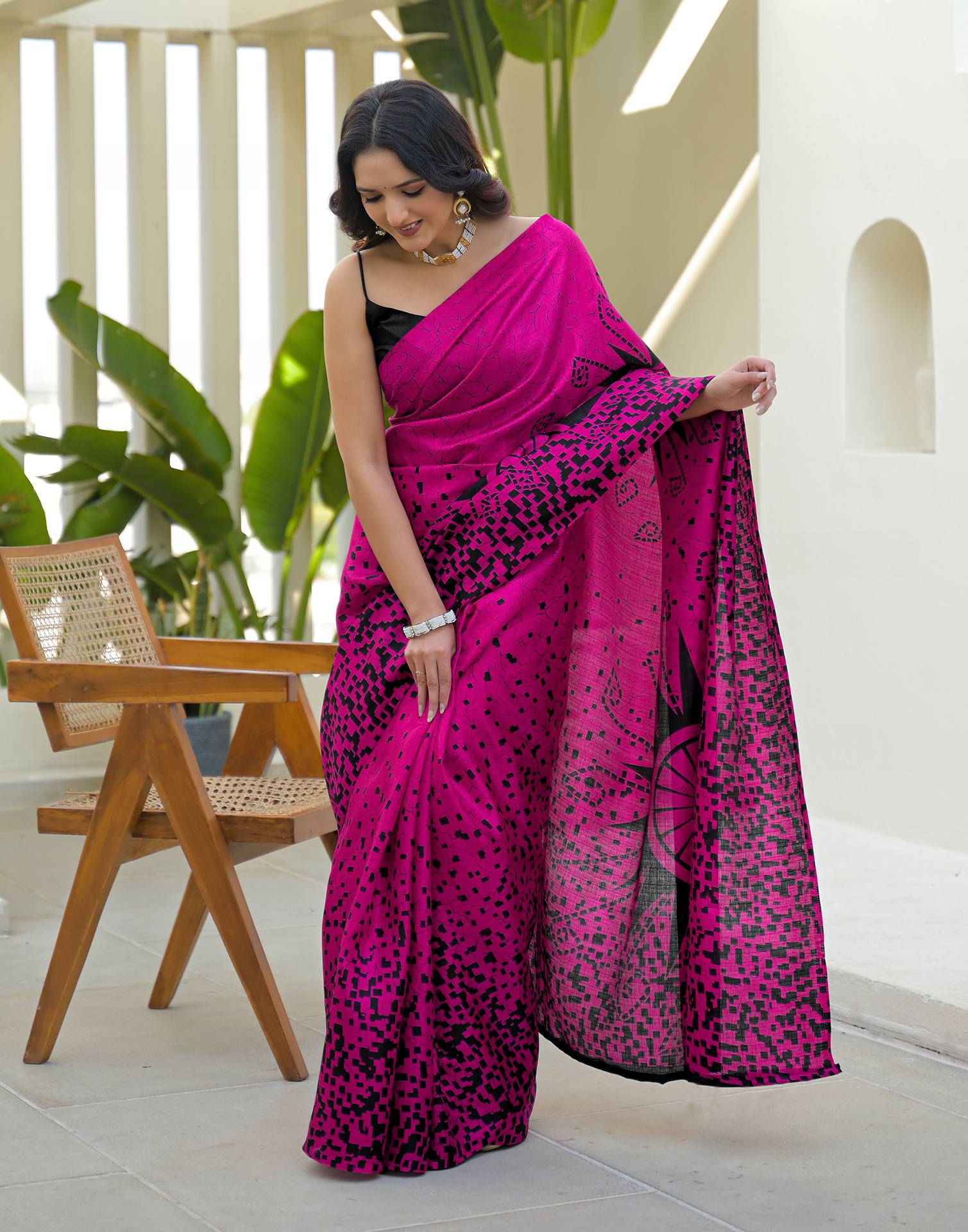 Rani Pink Khadi Printed Saree