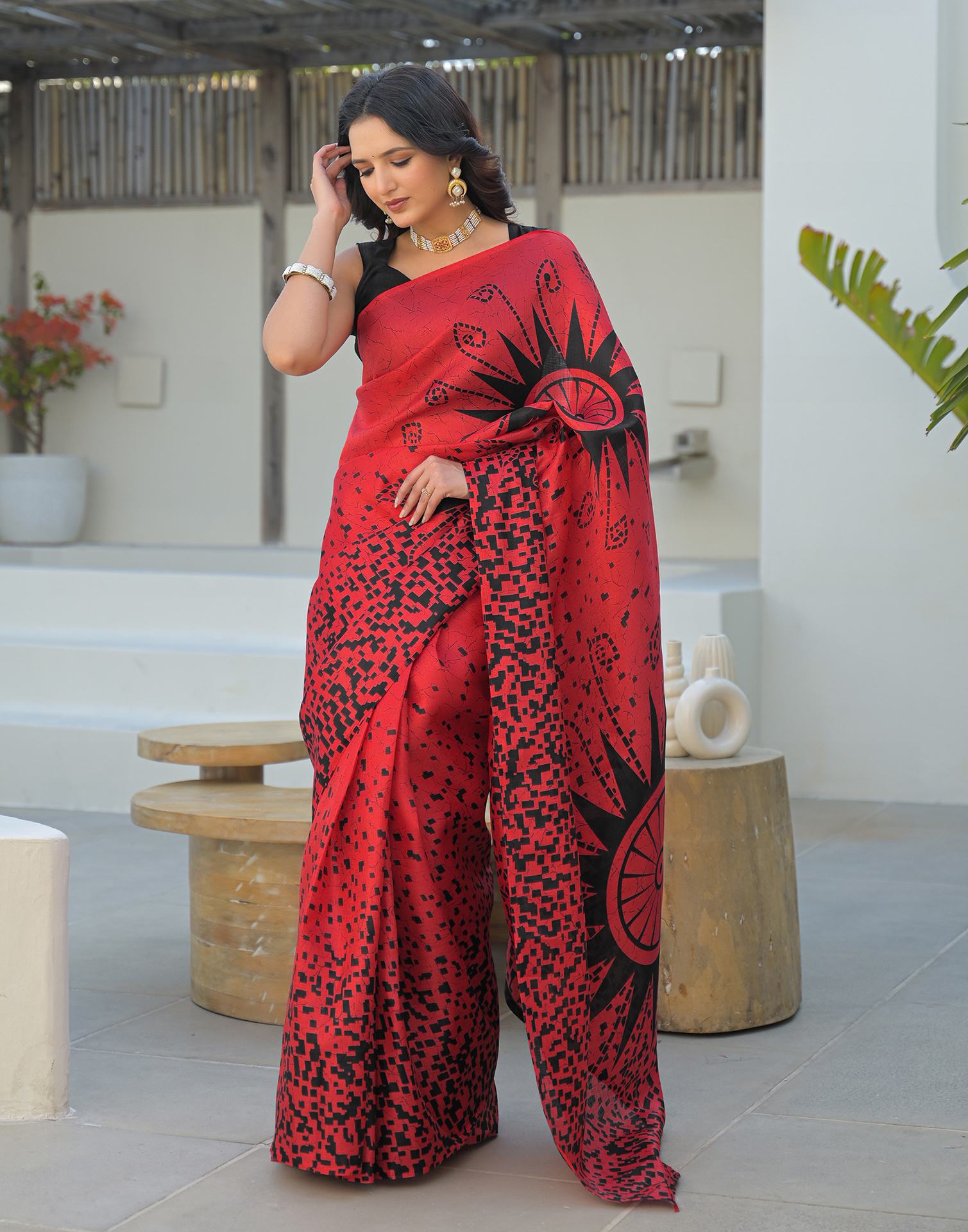 Red Khadi Printed Saree