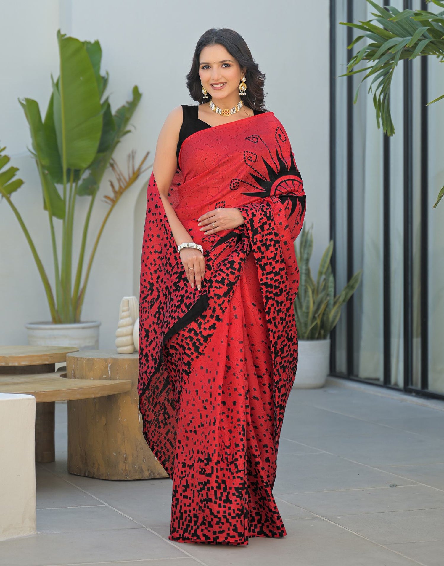 Red Khadi Printed Saree