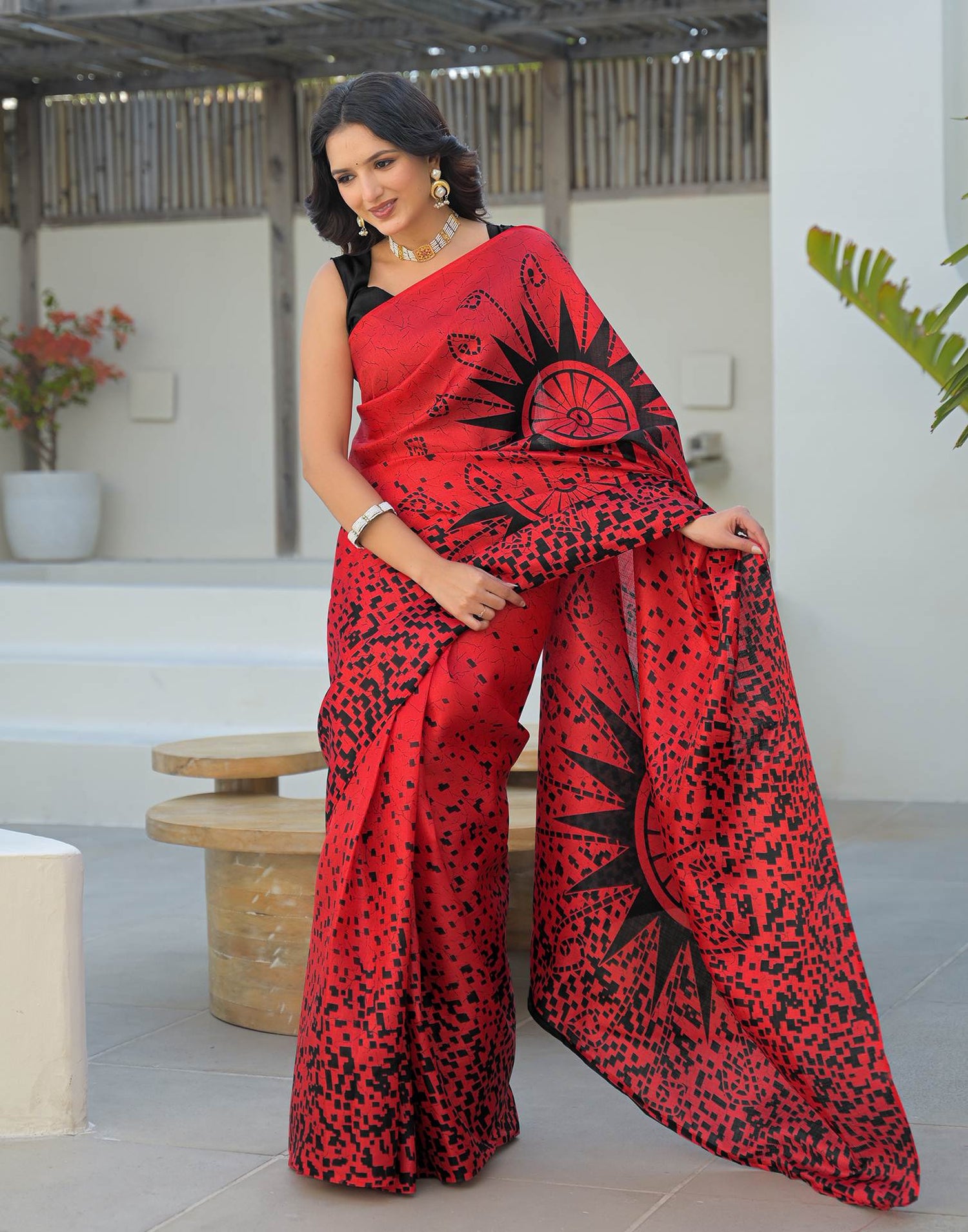 Red Khadi Printed Saree