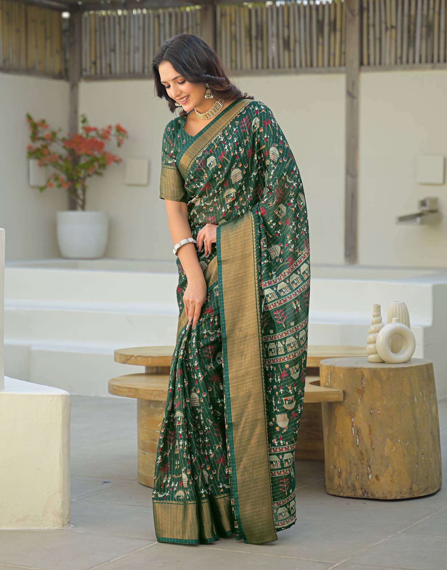 Green Silk Printed Zari Stripe Saree 