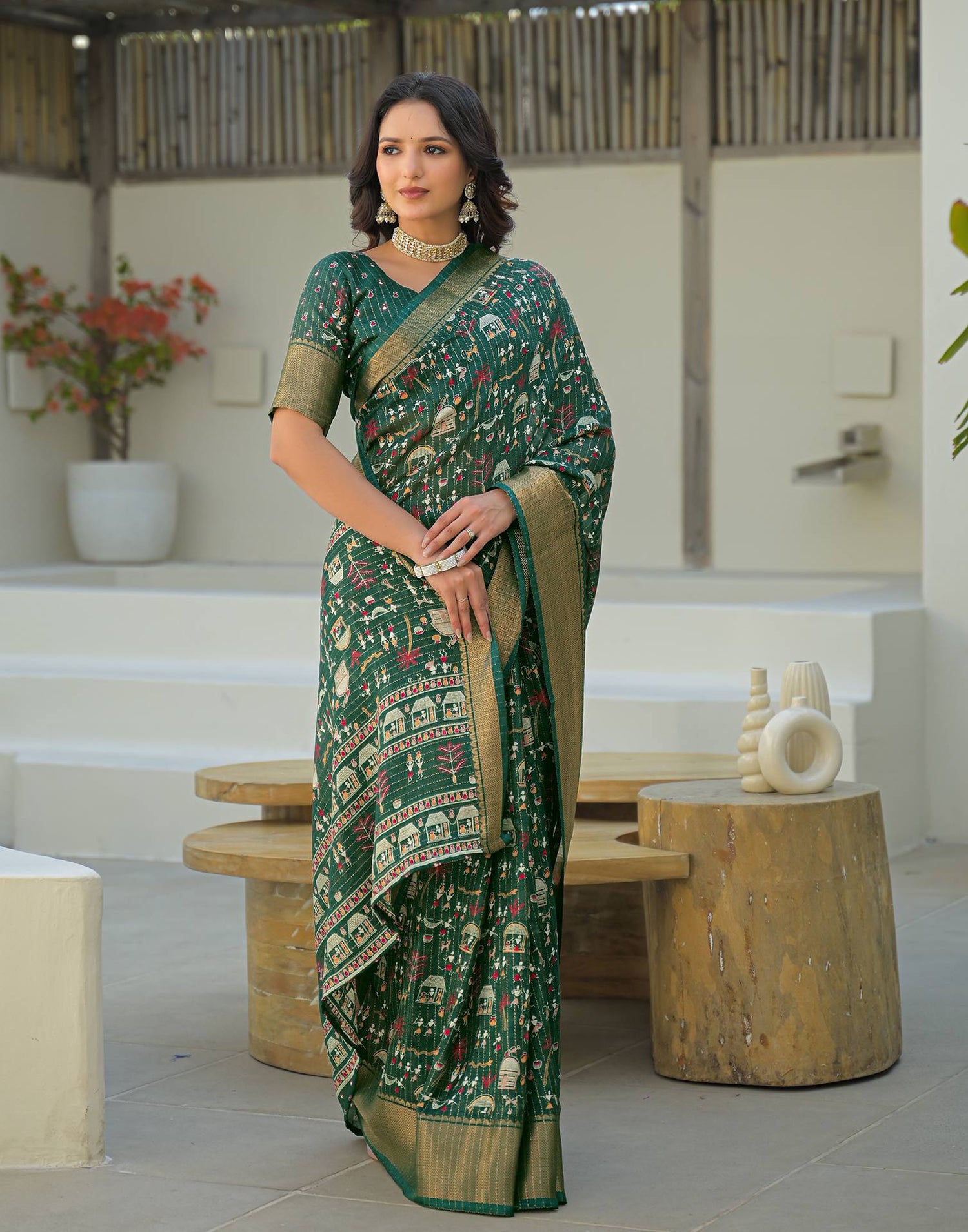 Green Silk Printed Zari Stripe Saree 