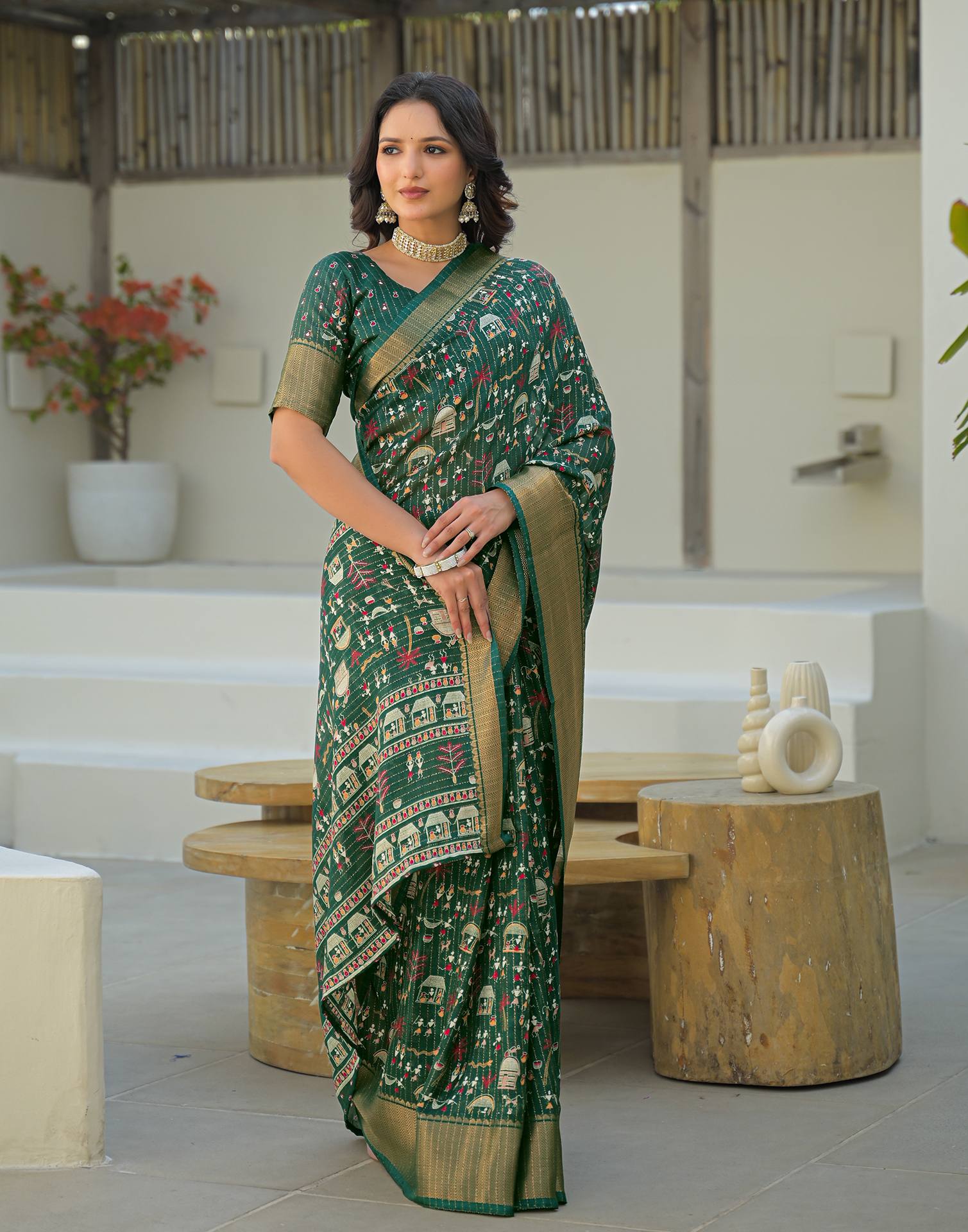 Green Silk Printed Zari Stripe Saree 