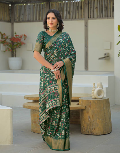 Green Silk Printed Zari Stripe Saree 