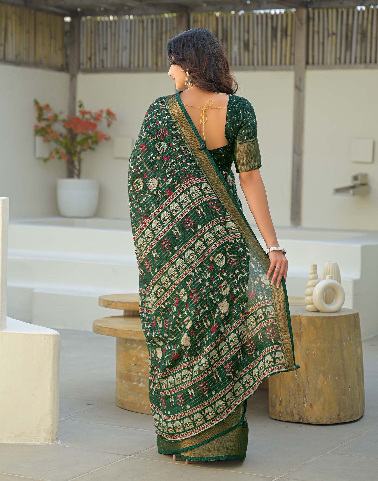 Green Silk Printed Zari Stripe Saree 