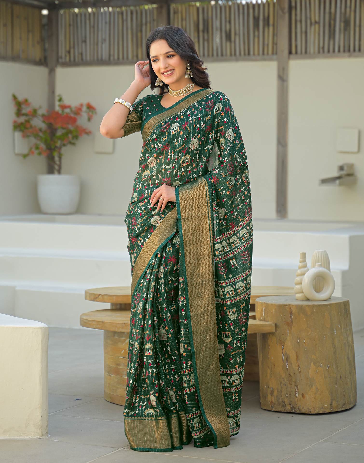 Green Silk Printed Zari Stripe Saree 