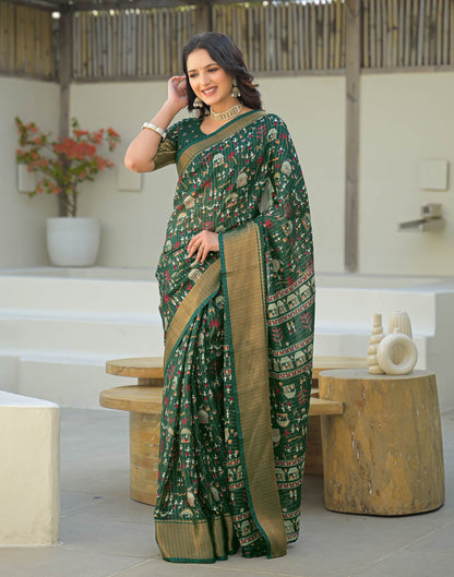Green Silk Printed Zari Stripe Saree 