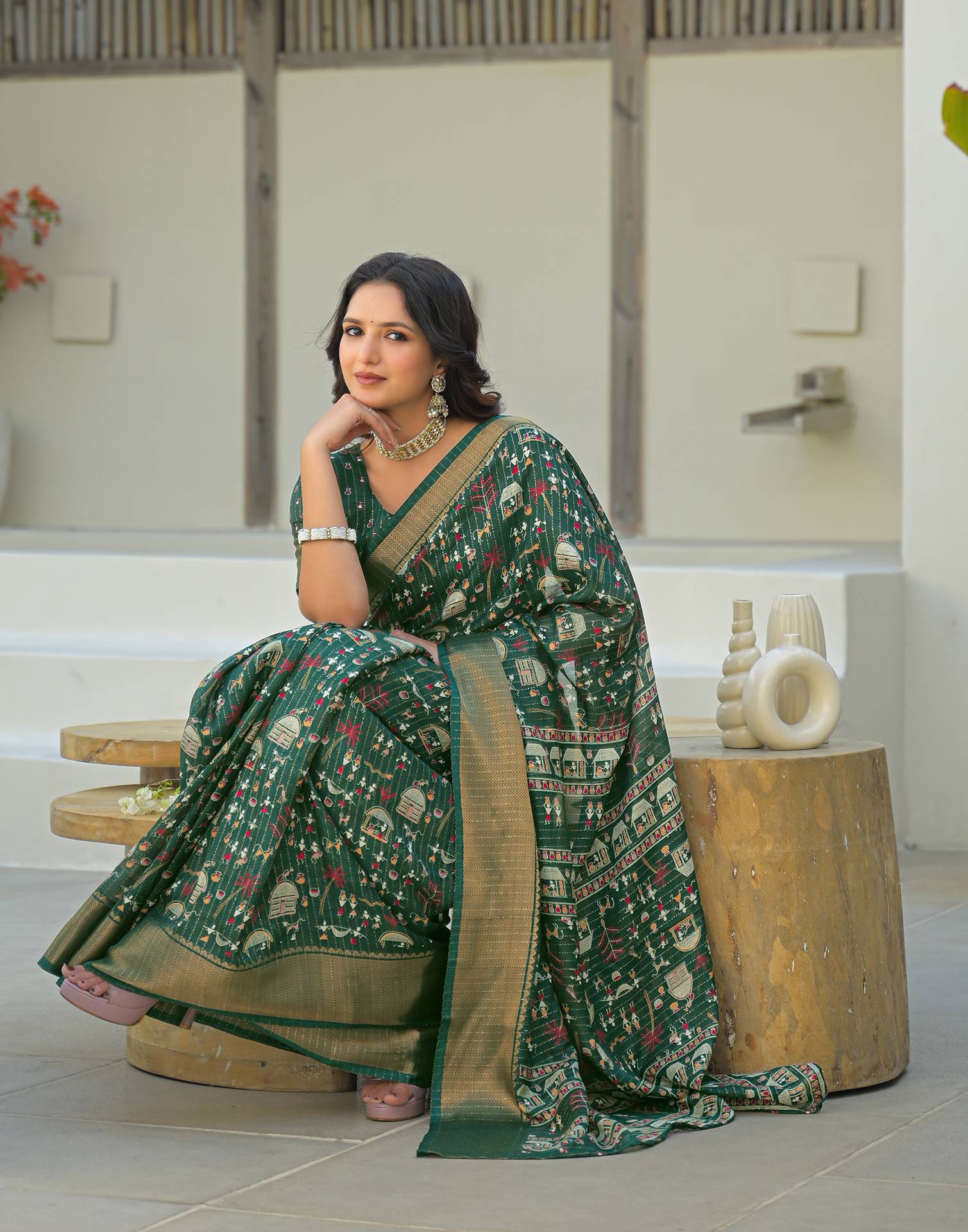 Green Silk Printed Zari Stripe Saree 