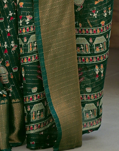 Green Silk Printed Zari Stripe Saree 
