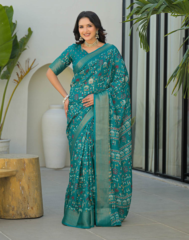 Teal Green Silk Printed Zari Stripe Saree 