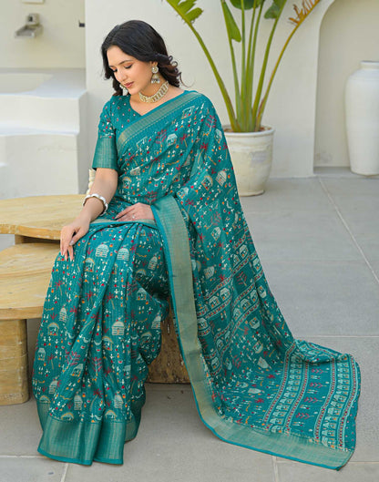 Teal Green Silk Printed Zari Stripe Saree 