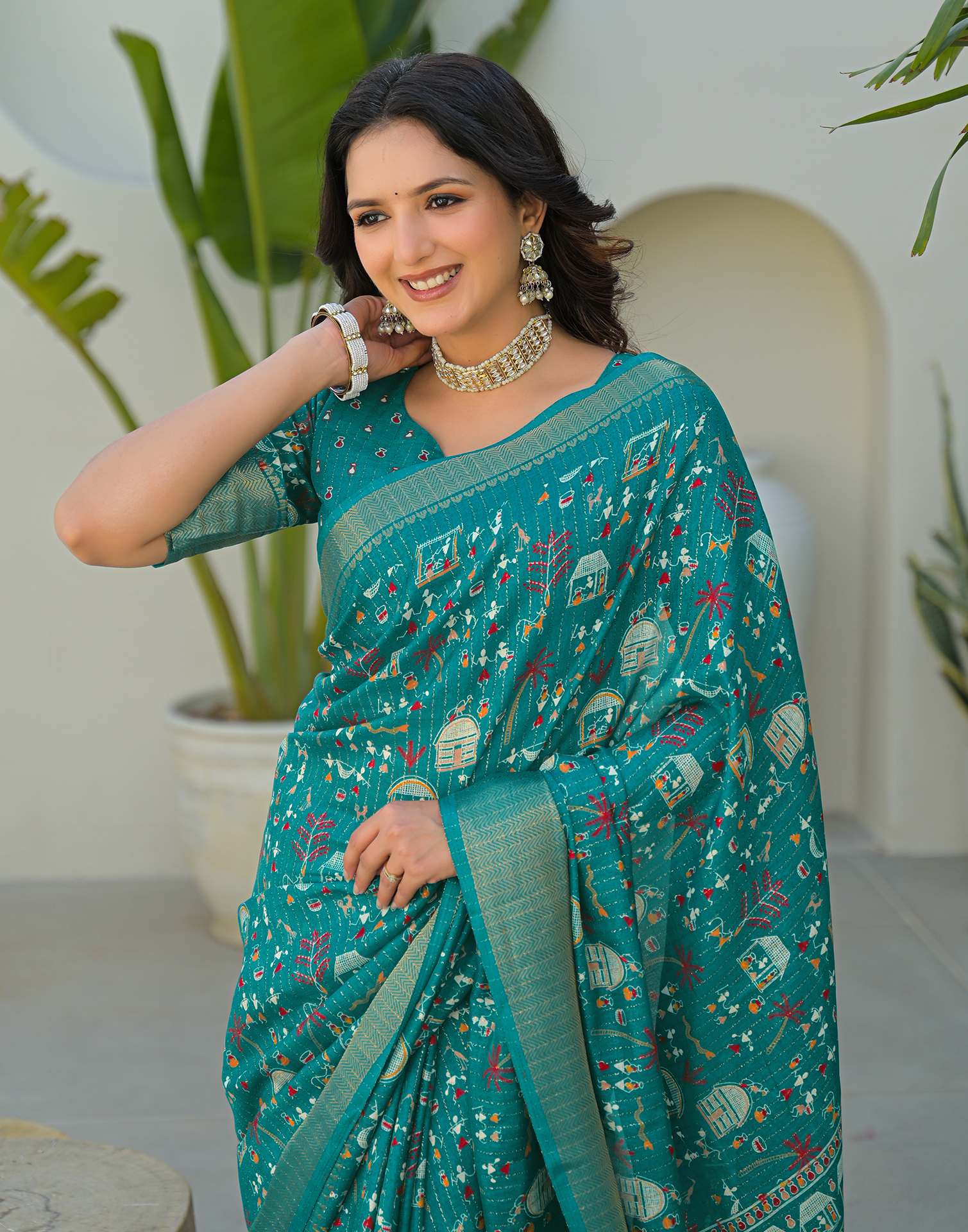 Teal Green Silk Printed Zari Stripe Saree 