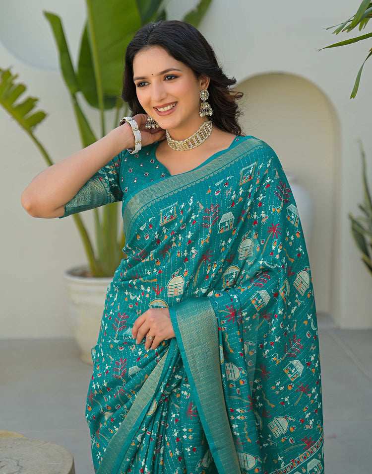 Teal Green Silk Printed Zari Stripe Saree 