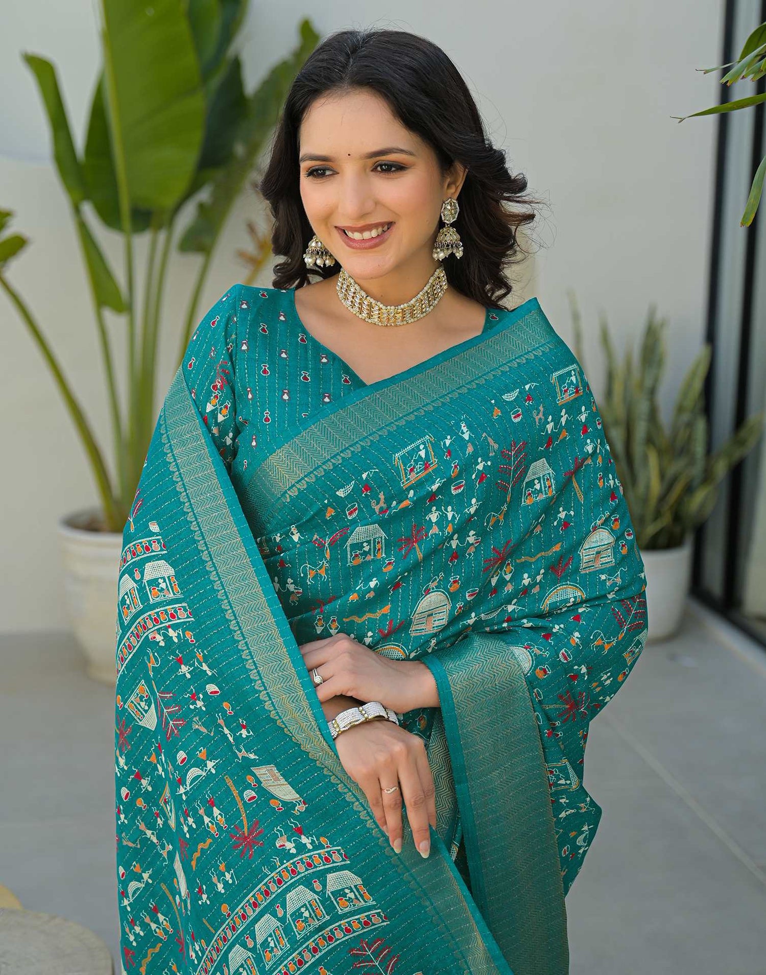 Teal Green Silk Printed Zari Stripe Saree 