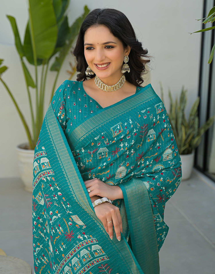 Teal Green Silk Printed Zari Stripe Saree 