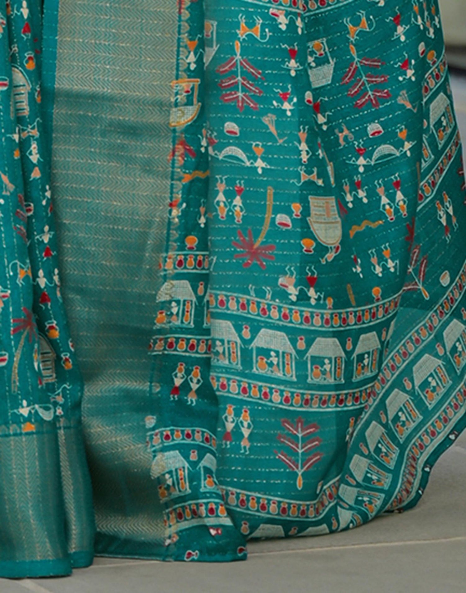 Teal Green Silk Printed Zari Stripe Saree 