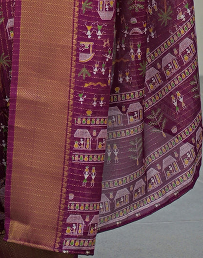Magenta Silk Printed Zari Stripe Saree 