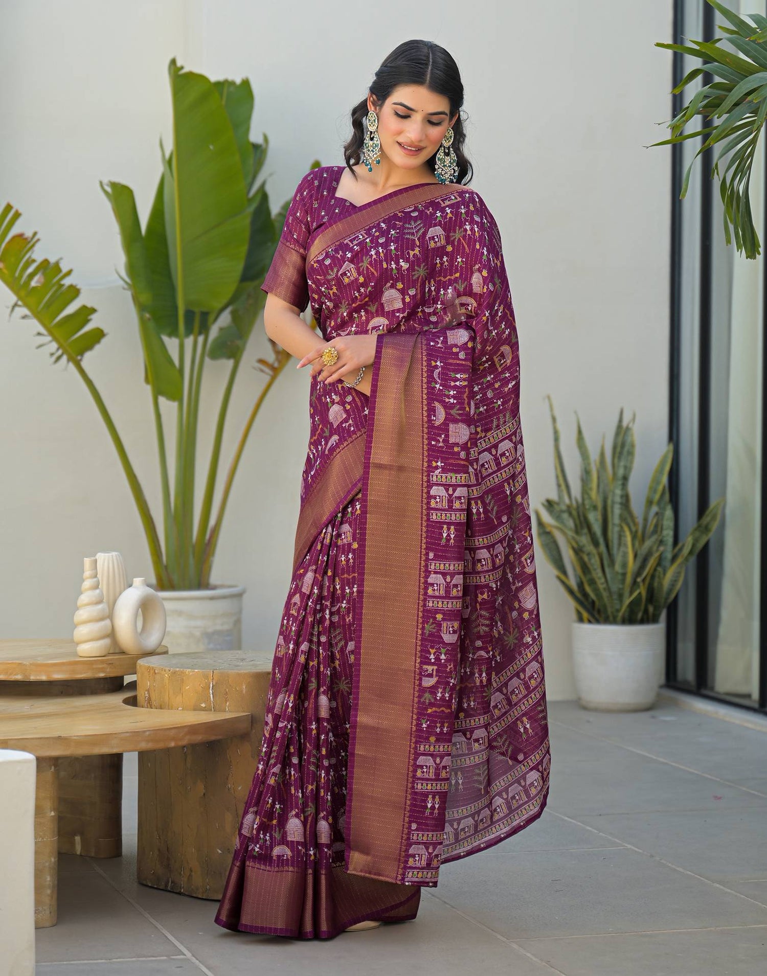 Magenta Silk Printed Zari Stripe Saree 