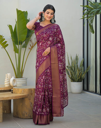 Magenta Silk Printed Zari Stripe Saree 
