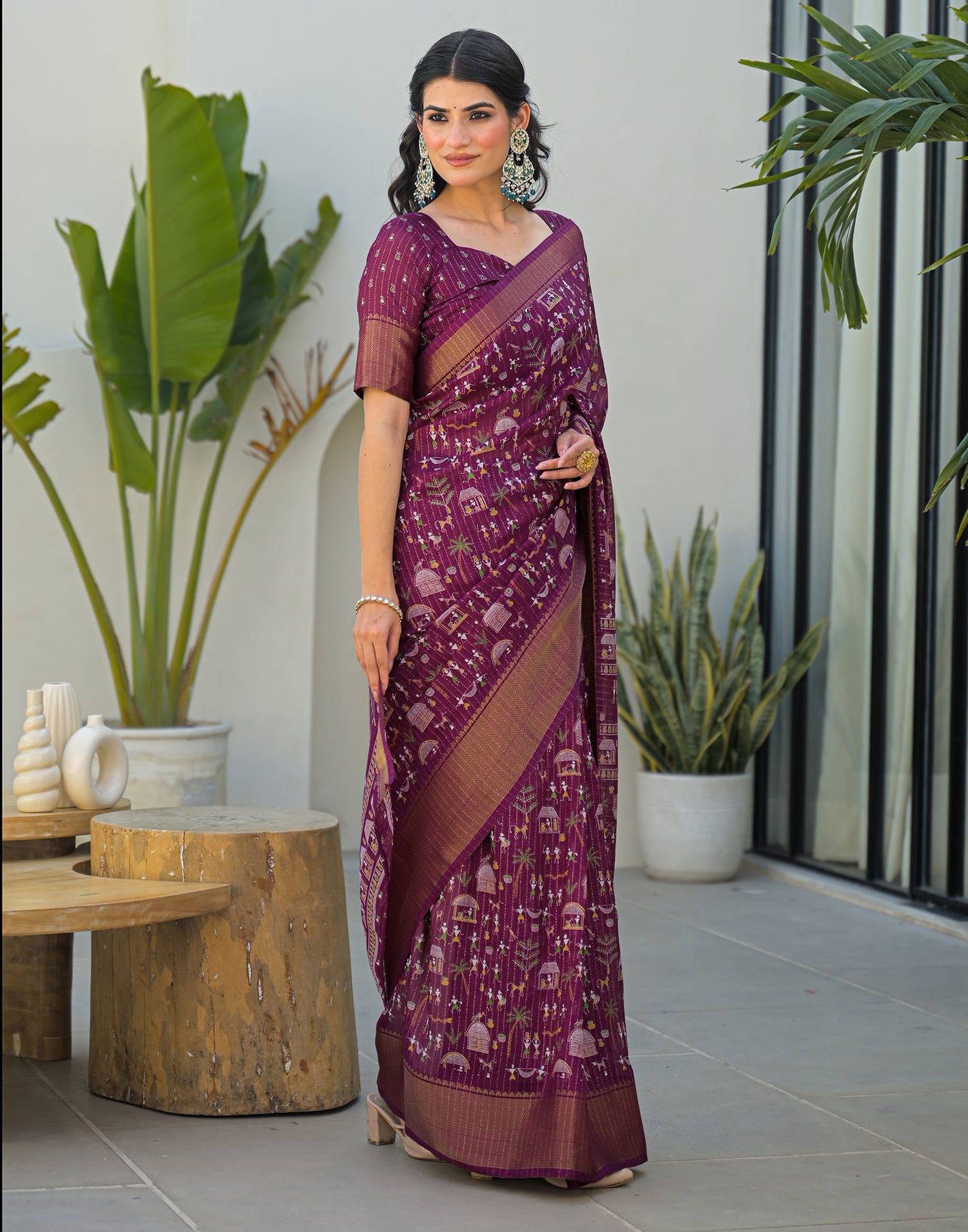 Magenta Silk Printed Zari Stripe Saree 