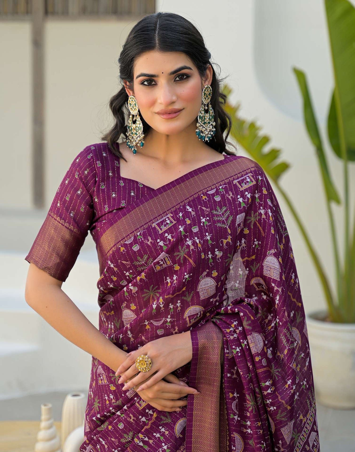 Magenta Silk Printed Zari Stripe Saree 