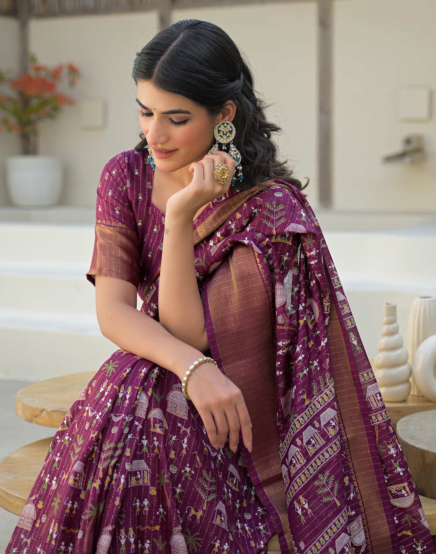 Magenta Silk Printed Zari Stripe Saree 