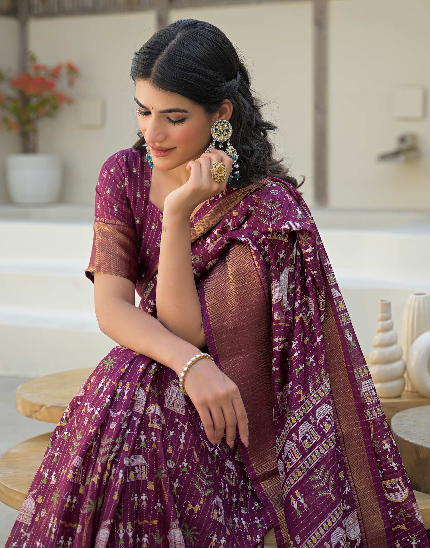 Magenta Silk Printed Zari Stripe Saree 